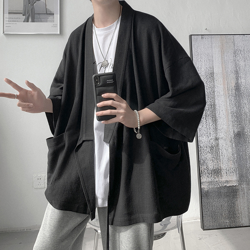 Mannen Kimono Vest Japanse Stijl Samurai Vintage Effen Kleur Losse Dunne Leisure Katoen Linnen Haori Tops Streetwear