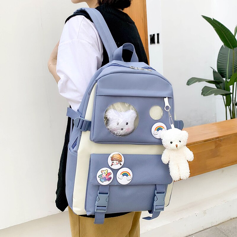 4 stück einstellen Schul Taschen für Teenager Mädchen Rucksack Hohe Schule Rucksack Leinwand Reise Frauen jugendlich Schüler Bookbags: Blau-Blackpack