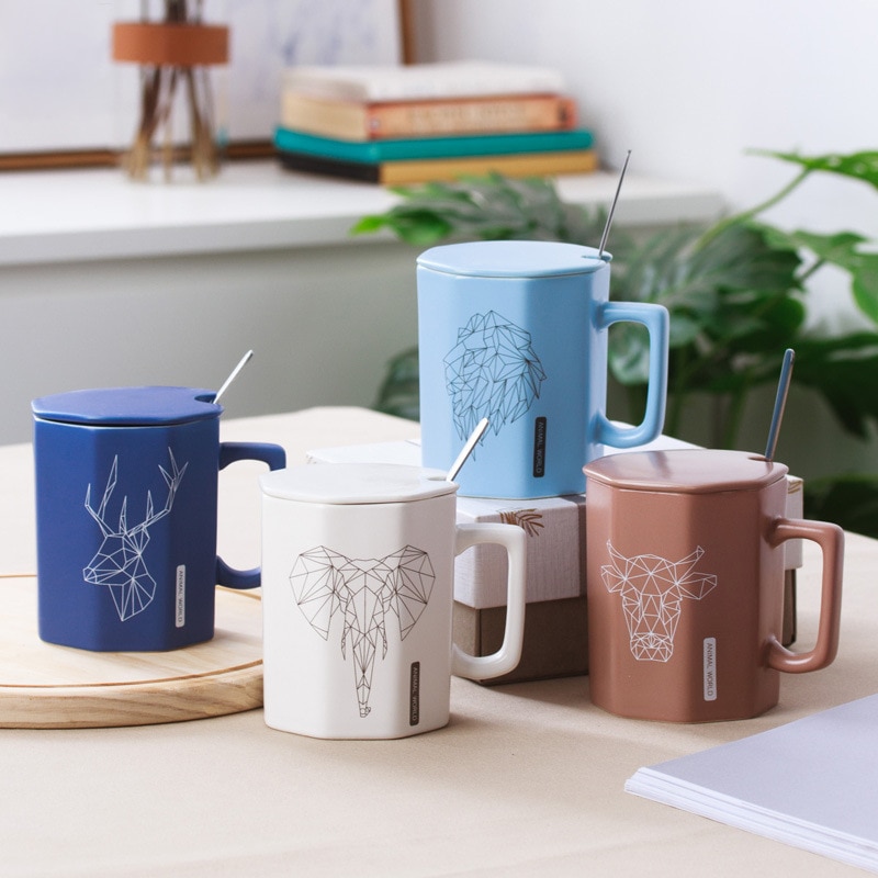 Unique Polygonal ceramic Mug with lid spoon,Male female office mugs couple cups Cartoon cute tea mug Drinkware cup