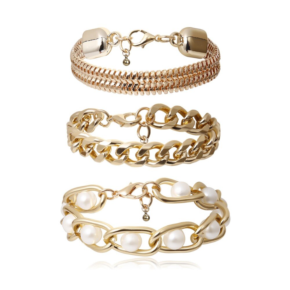 HUANZHI-Conjunto de 3 pulseras de Metal con perlas y cadena gruesa, joyería de , estilo Hip Hop, Punk,