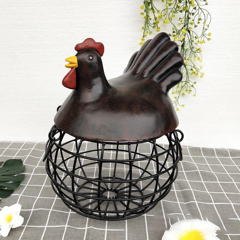 Æg frugt metal opbevaring kurv keramik med låg stor kapacitet mesh brød kurv høne ornament organizer køkken kurv: Sort 4