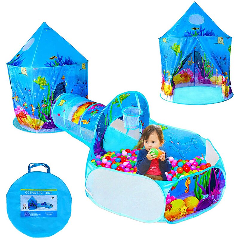 3pc Ocean World Kids gioca tenda 3 In 1 Playhouse Indoor tenda per bambini Tunnel Ball Pit con basket Hoop bambini gioca Castle