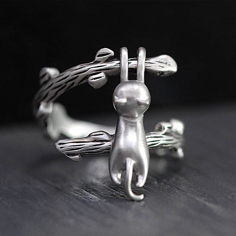 Joiashome thaise zilveren ring met 925 verstelbare sieraden voor vrouwen, kat, klimtak, schattig kitten, onderdeel sieraden
