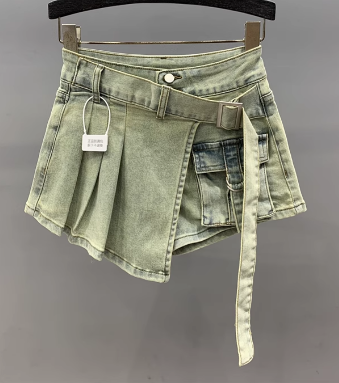 Uregelmæssig Pink Denim Nederdel Dame Sommer Høj Talje Slimming Falsk Todelt A-Line Arbejdstøj Kort Mini Nederdel