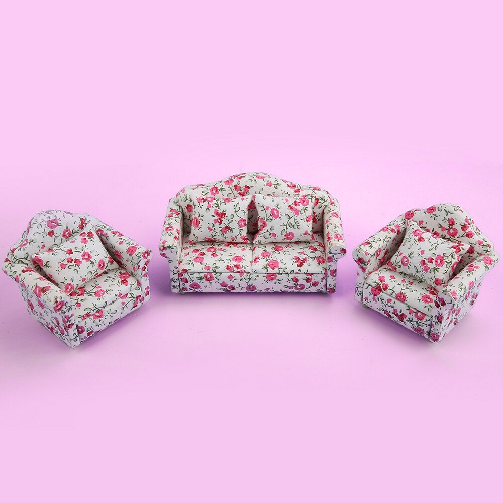 3pcs 1:12 Mini Doll House Cloth Sofa Cushion Set Dollhouse Furniture Dolls Room Decor Plaid Sofa Kids Children Play House Toy: Floral B