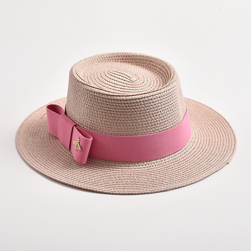 Sombreros de paja para mujer, sombrero de paja redondo con superficie irregular, Top plano con lazo, vestido, Gorra de viaje para playa, novedad de primavera y verano: Rosa