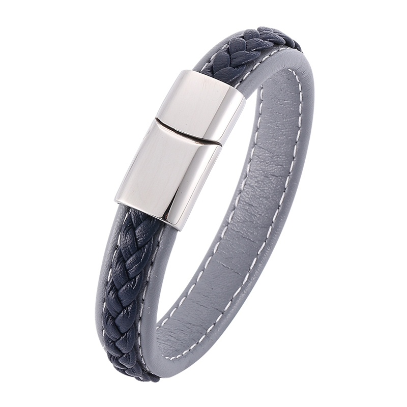 FORTAFY Men Punk Jewelry Gray &amp; Blue Braided Leather Bracelet for Mens Bracelets Stainless Steel Magnetic Clasp Wristband FR0011: Steel color clasp / Inner Perimeter165mm