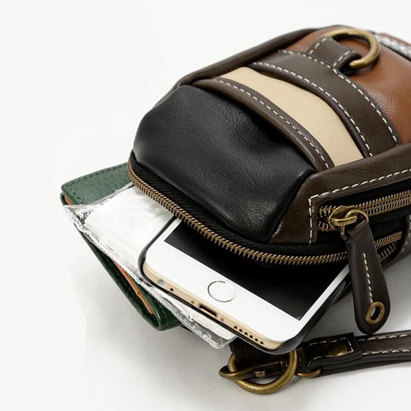 Crosscharm Brand Men Leather Handbag Travel Fanny Waist Pack Pouch Satchel Sling Messenger Crossbody Bags MINI Patchwork 50025