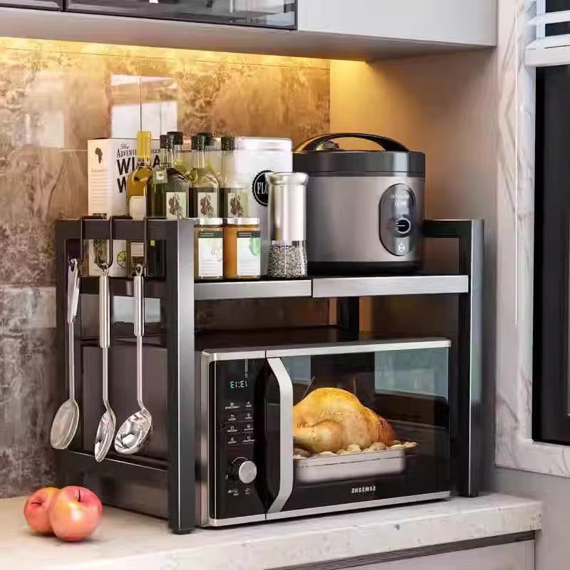 Estante de cocina retráctil grueso de acero al carbono, estante para microondas, estante para horno, olla arrocera, almacenamiento para el hogar de doble capa