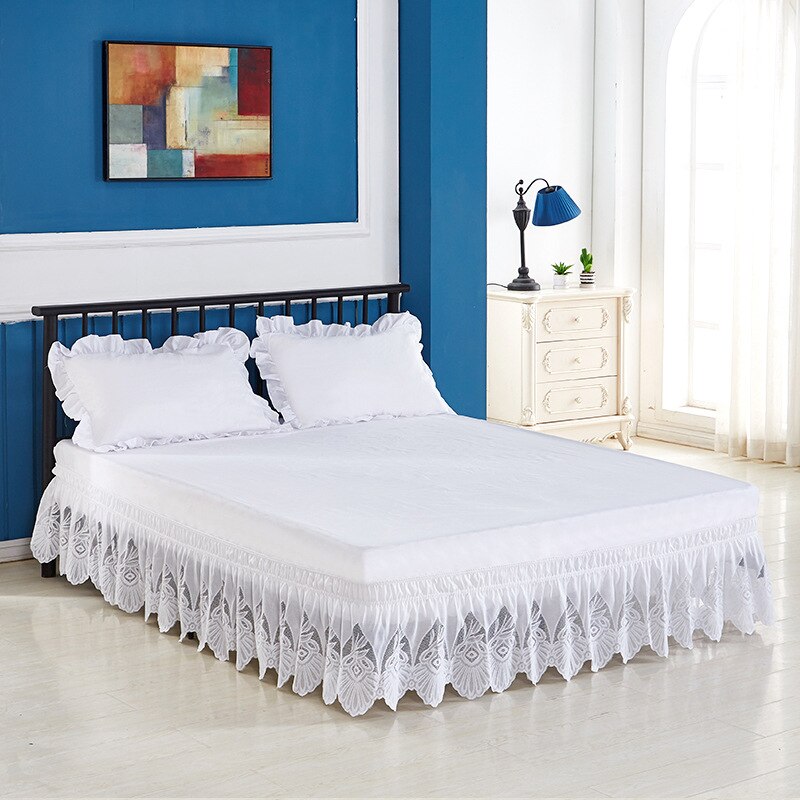 Lagen dekor dekoration blonder flæser ren farve seng nederdel elastisk løs seng forklæde seng nederdel dobbelt fuld queen king size seng dække: Hvid / Dronning