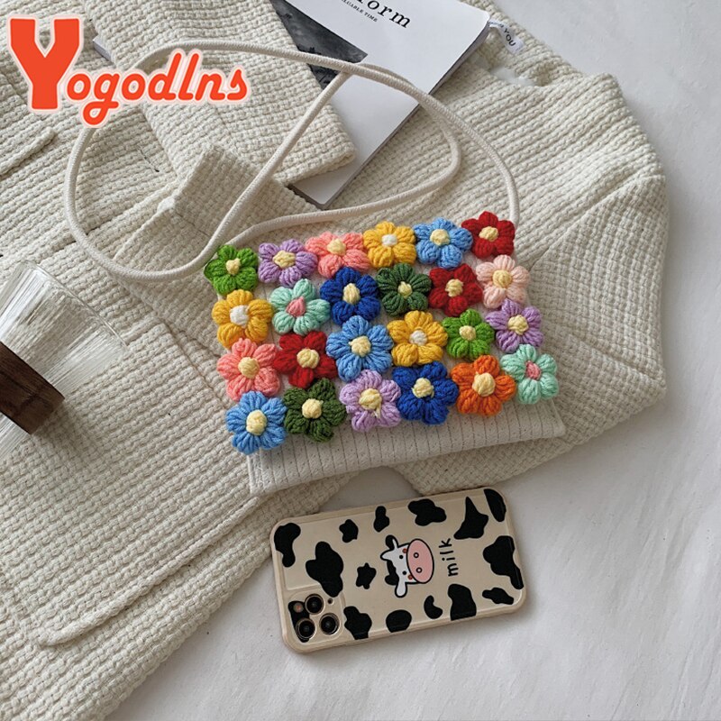 Yogodlns Mode Bloem Flap Bag Voor Vrouwen Geweven Handgemaakte Crossbody Tas Katoen Linnen Messenger Handtas Zomer Reizen Strand Tassen