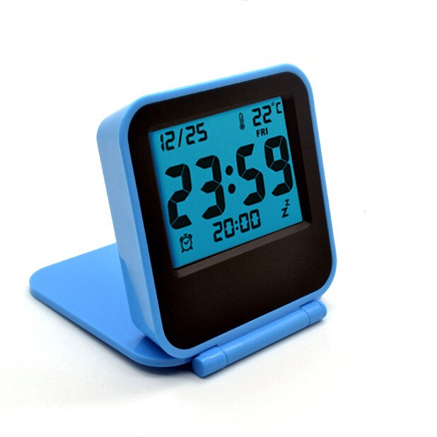Mini Flip Travel Electronic Clock Thermometer Clock Folding Mute Portable Night Light LCD Alarm Clock: Blue