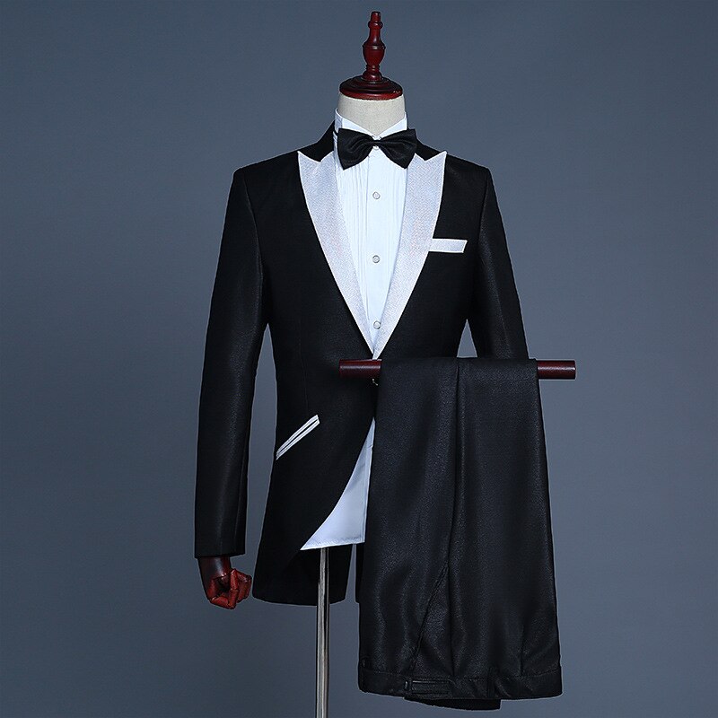 Black Tailcoat Suit Men Wedding Groom Prom Tuxedo Suits Men Party Nightclub 2 Piece Suit (Jacket+Pants) Stage Singer Costumes