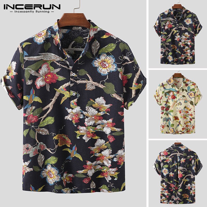 Menn sommer trykte skjorter kortermet camisa uformelt floral stativ krage blusas mann hawaiisk skjorter streetwear incerun 7