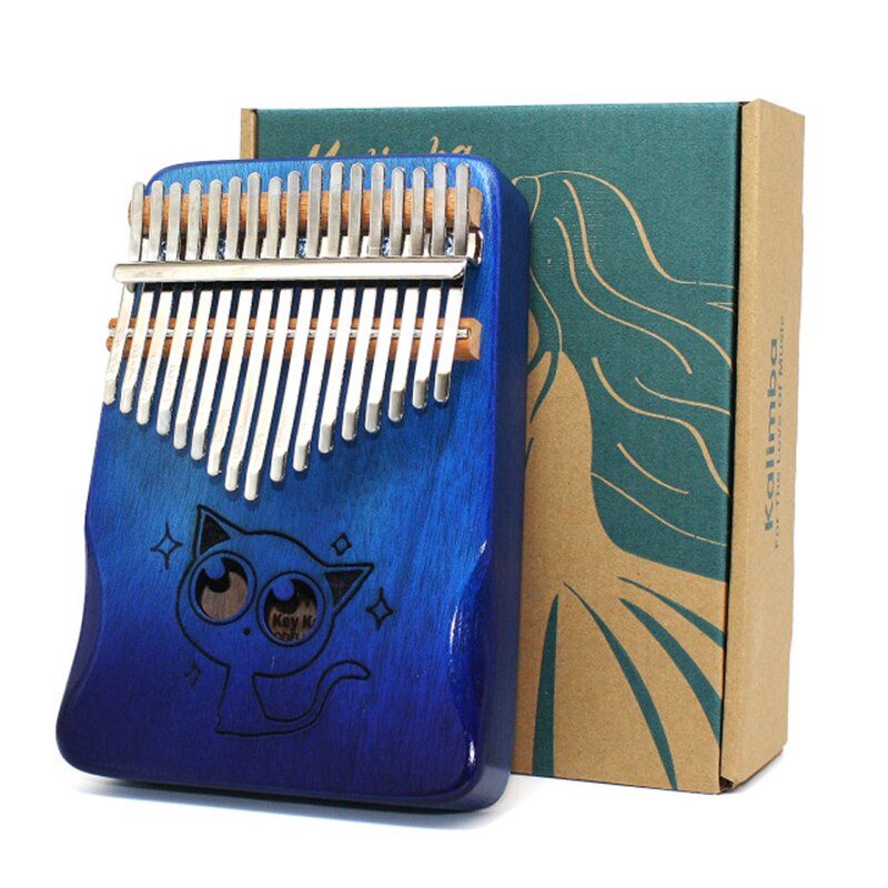 Kalimba 17 key Thumb Piano Wood Mahogany Mbira Body Musical Instruments Kalimba Piano with Accessories: Cat-Blue