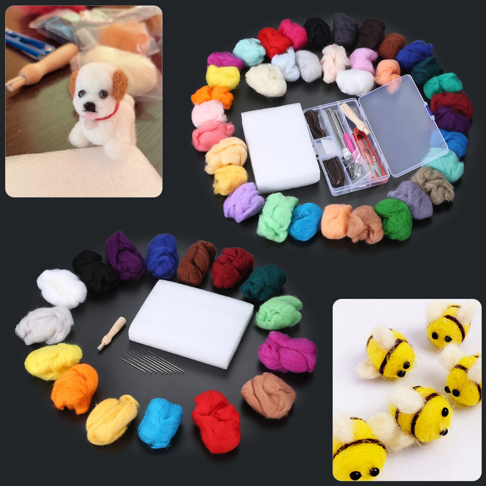 16/32 Colors Roving Wool Set+Felting Tools Felt Kit Foam Cushion Wood Stamp Needle Bottle DIY Toy/Bag/Ornament /Purse Handmade