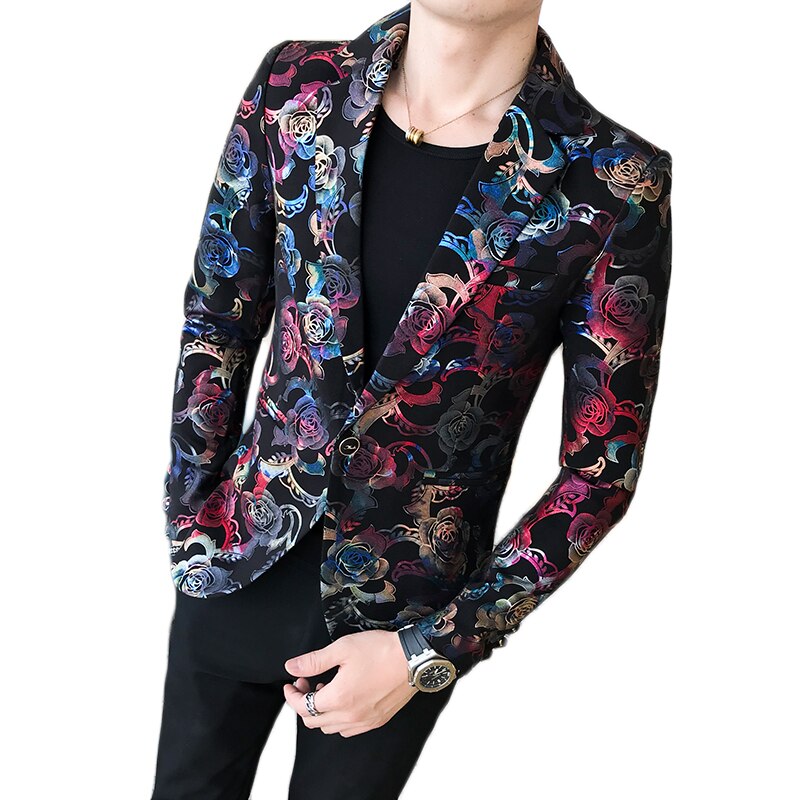 Herr guldpläterad blommig kostymjacka herr slim terno masculino trend sångarklänning jacka herr kavaj med enkel knapp