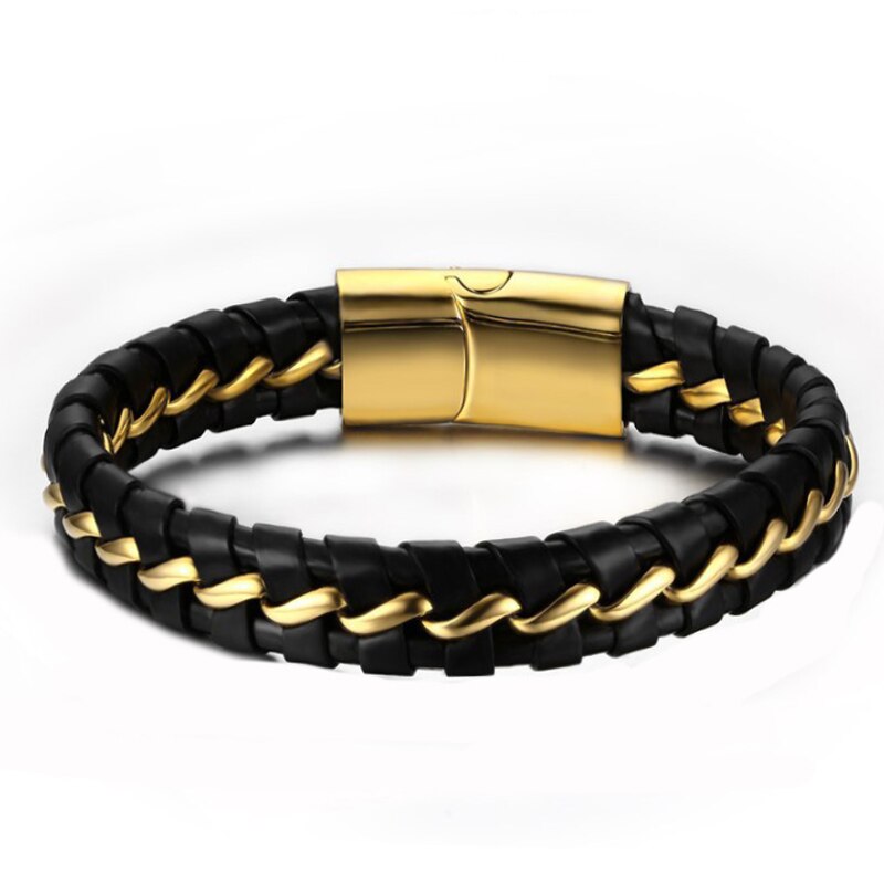 Zwart Lederen Armbanden Heren Rvs Hip Hop Punk Armband Bedelarmband Luxe Cadeaus Voor Mannelijke Accessoires