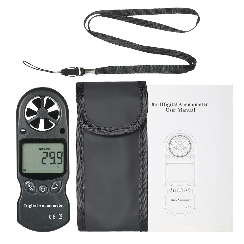 Handheld Digital Anemometer Wind Speed/Temperature/Humidity/Wind Chill/Heat Index/Dew Point/Barometric Pressure/Altitude Meter: Black