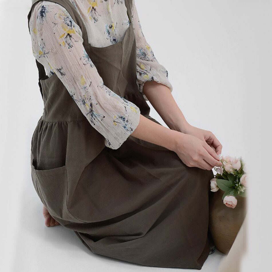 Delantal cruzado de lino y algodón japonés con hebilla ajustable, para mujer y niña, para salón de cocina, Vintage, para madre