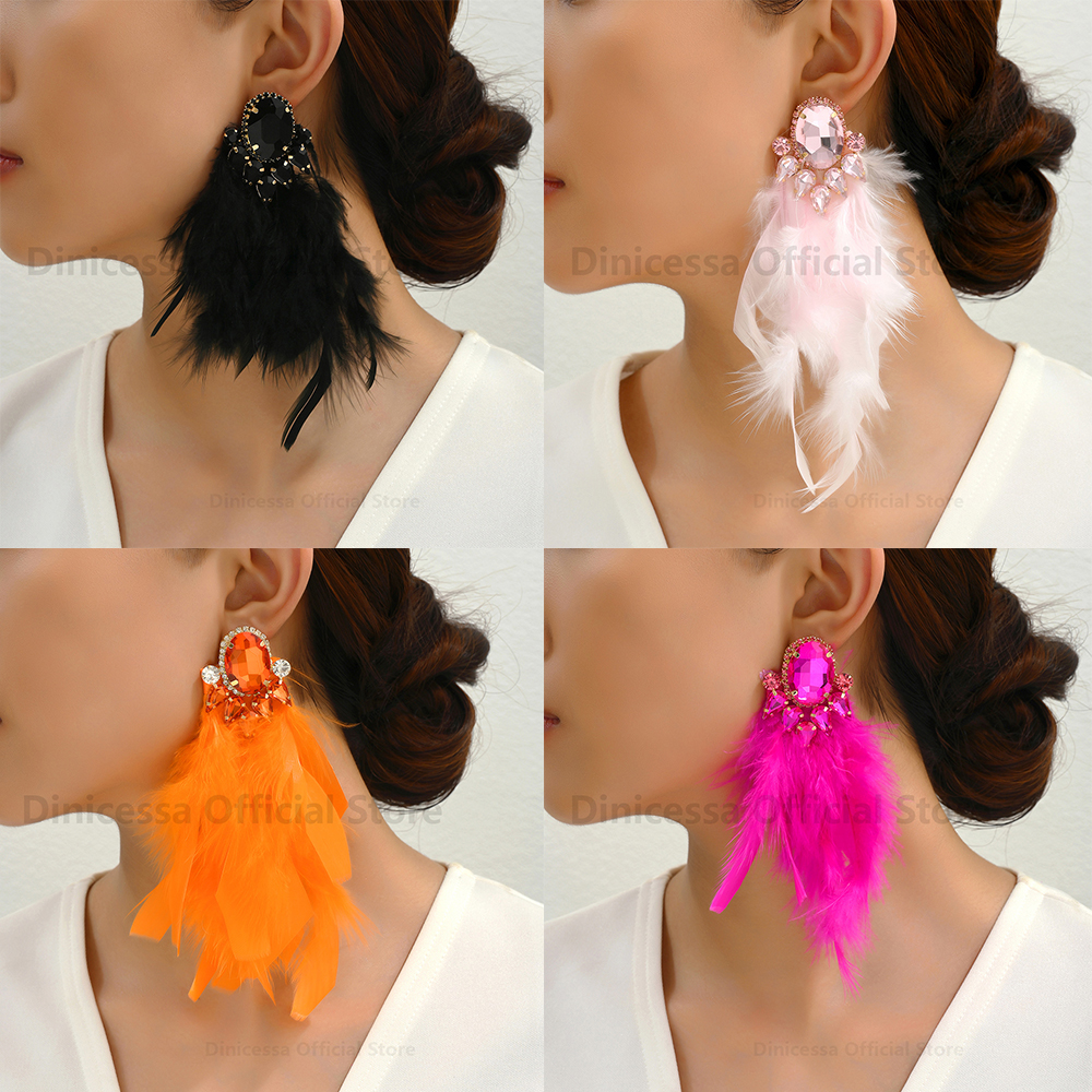 Pendientes largos con borlas de plumas para mujer, aretes elegantes y bonitos, de lujo, accesorios de joyería para y boda