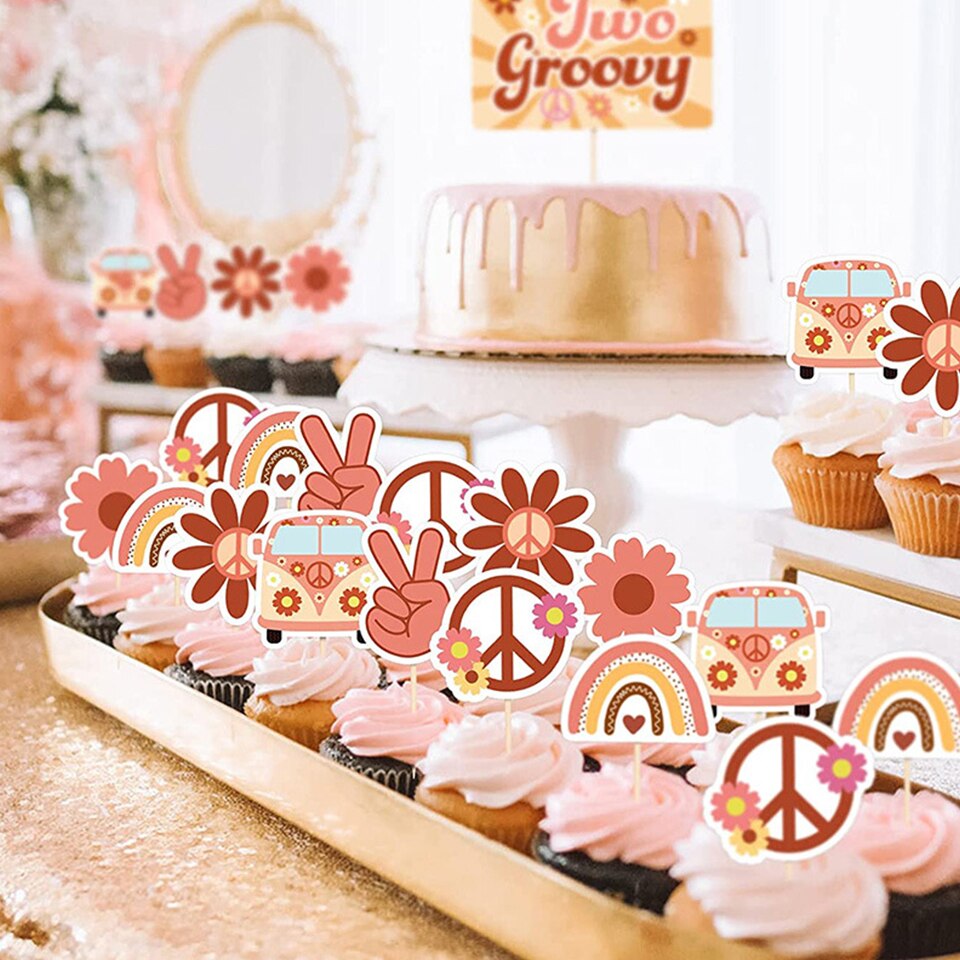 12pcs Bohemian Flower School Bus Cake Topper Muffin Cupcake Paper Toppers for Wedding Birthday Bohemian Rainbow Party Decoration