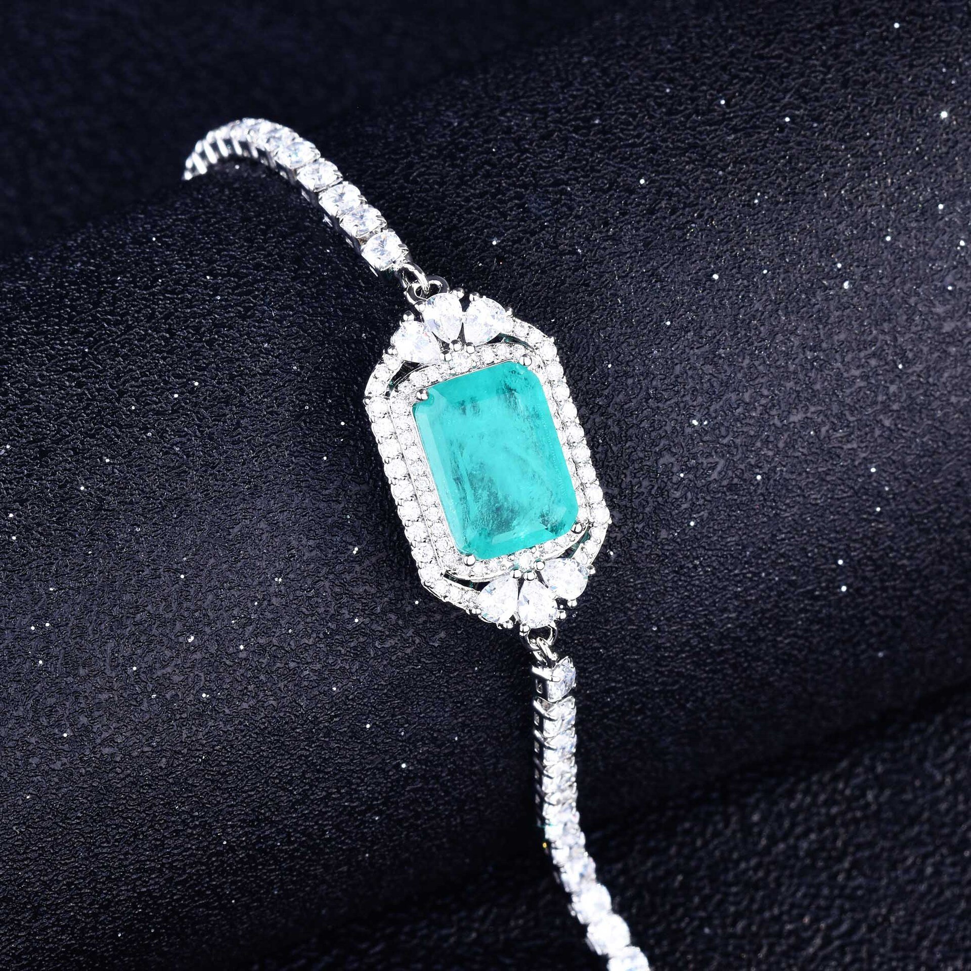 Women's trendy paraiba tourmaline stone charm bracelet, silver color, carbon lab diamond wedding bangle bracelets jewelry