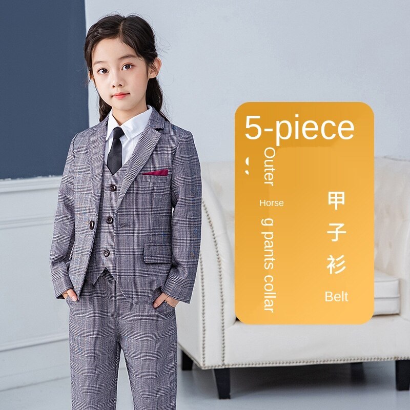 Blazer pequeño a cuadros para niñas, traje de boda, ropa escolar para actuaciones, combina con todo, gris, 5 piezas, LB258