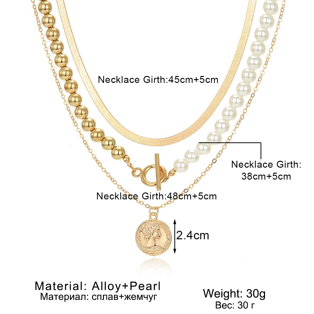 Charm Thick Chain Toggle Clasp Coin Pendant Necklace for Women Gold Multilayer Pearl Circle Choker Necklace Jewelry