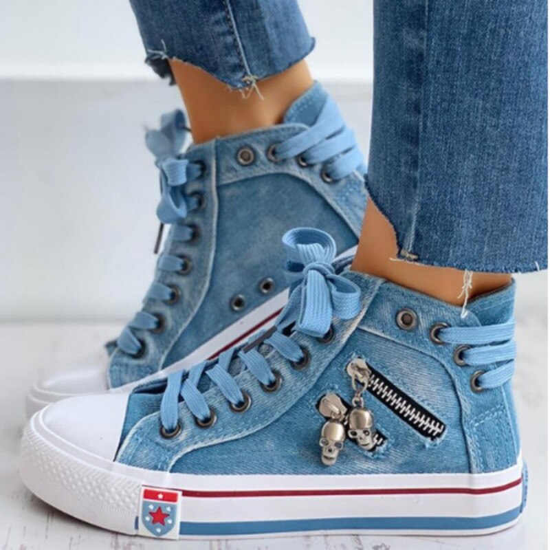 Vulkaniseren schoenen dames canvas chic high top denim vrijetijdsschoenen dames all-match platte rits walkin koreaanse dames ademend