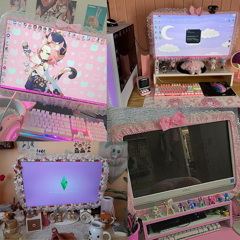 Cubierta de marco de ordenador de tela de encaje, cubierta de polvo de pantalla de Monitor con bolígrafo elástico, lazo de bolsillo, decoraciones para el hogar