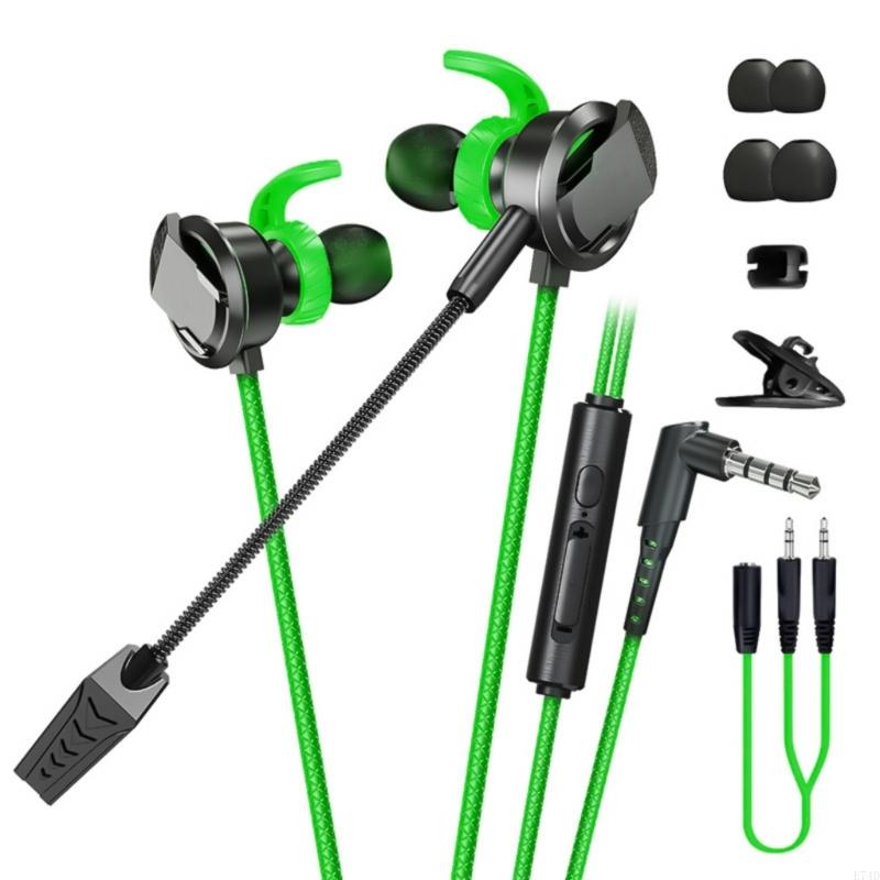 E74D In Ear Earphones eSports Earbud Build-in Noise Cancelling Microphone for Game 3.5mm Cable Controlled Earpiece: green