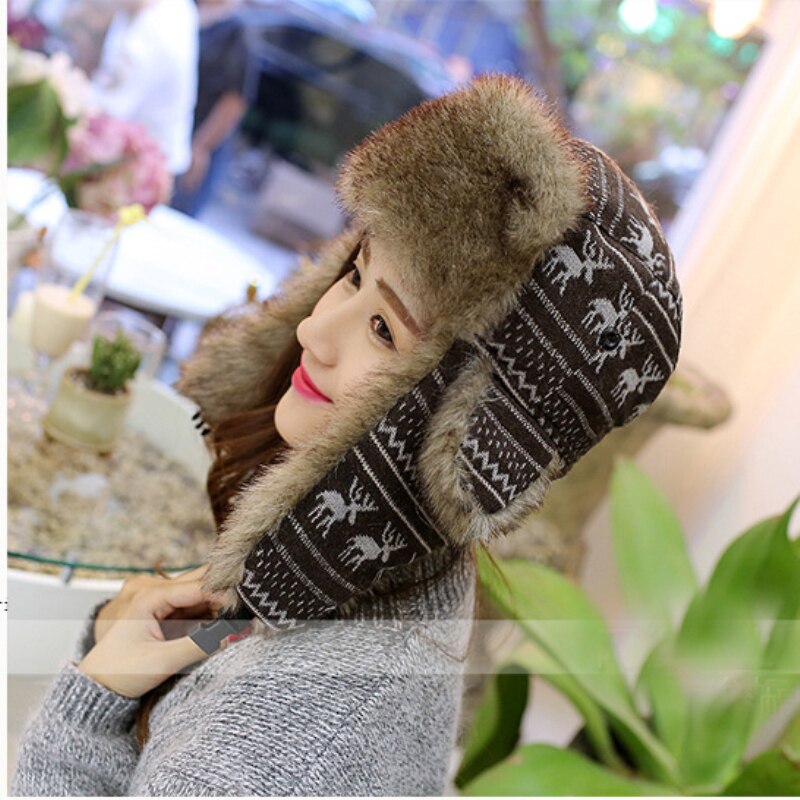 HT353-gorro de estilo ruso con aleta de nieve para hombre y mujer, gorro de bombardero de piel sintética con solapa de oreja, para invierno