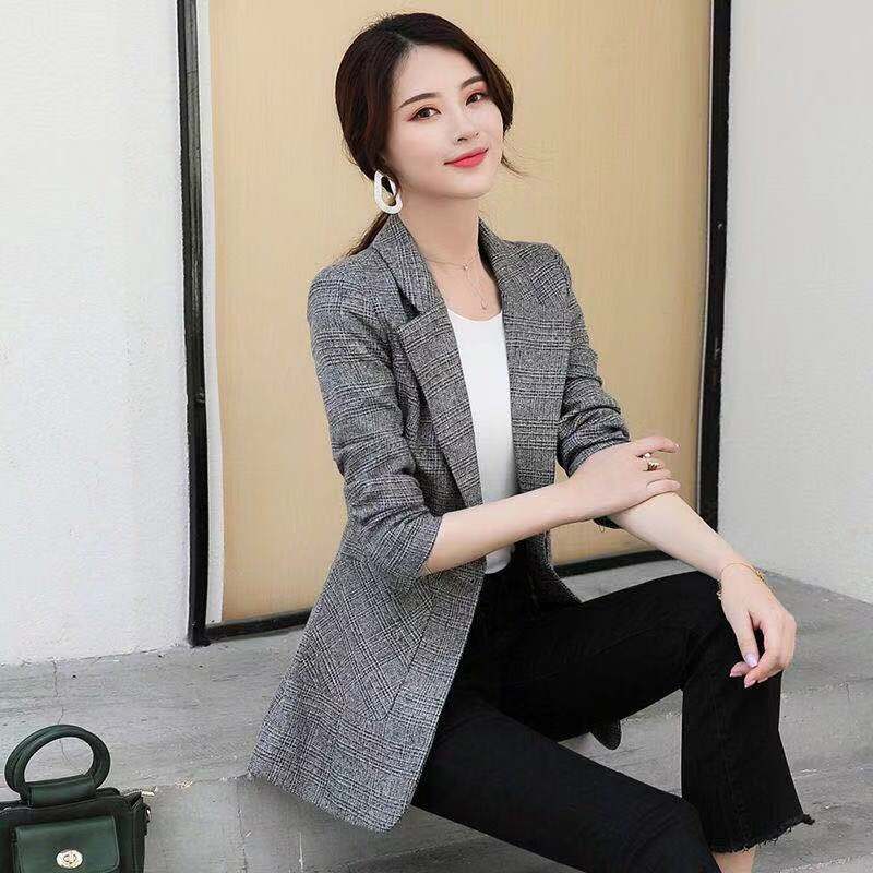 Vangull Mode Herfst Vrouwen Plaid Blazers Plus Size Single Button Tops Kantoor Dame Pak Slanke Vrouwelijke Blazers Jas: Gray / XL