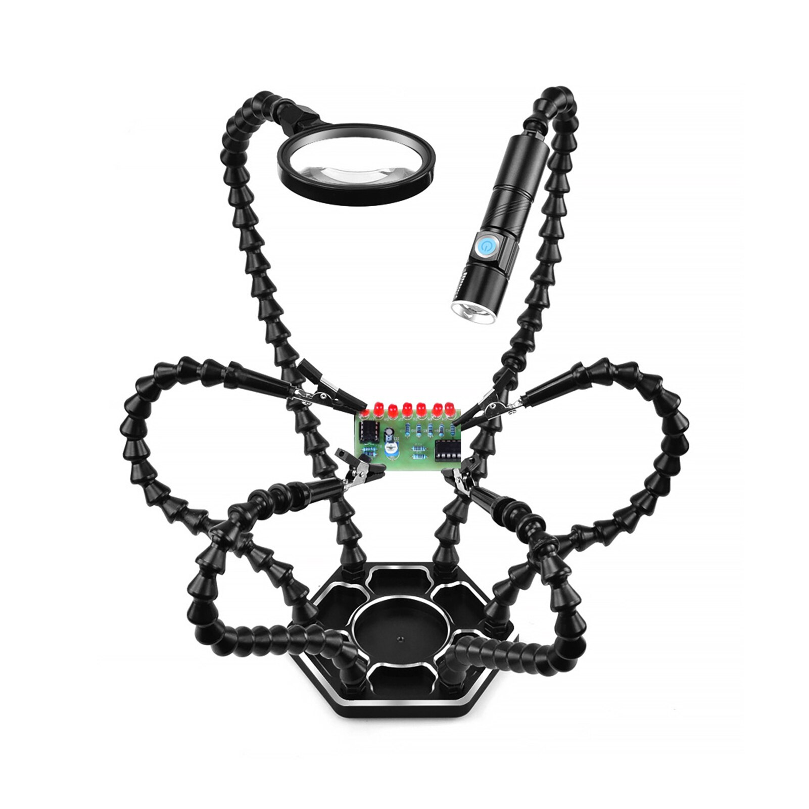Helping Hands Soldering Third Hand PCB Tool with 6 Flexable Arms Light Rotatable Clips and Stable Desk Clamp Base for Soldering