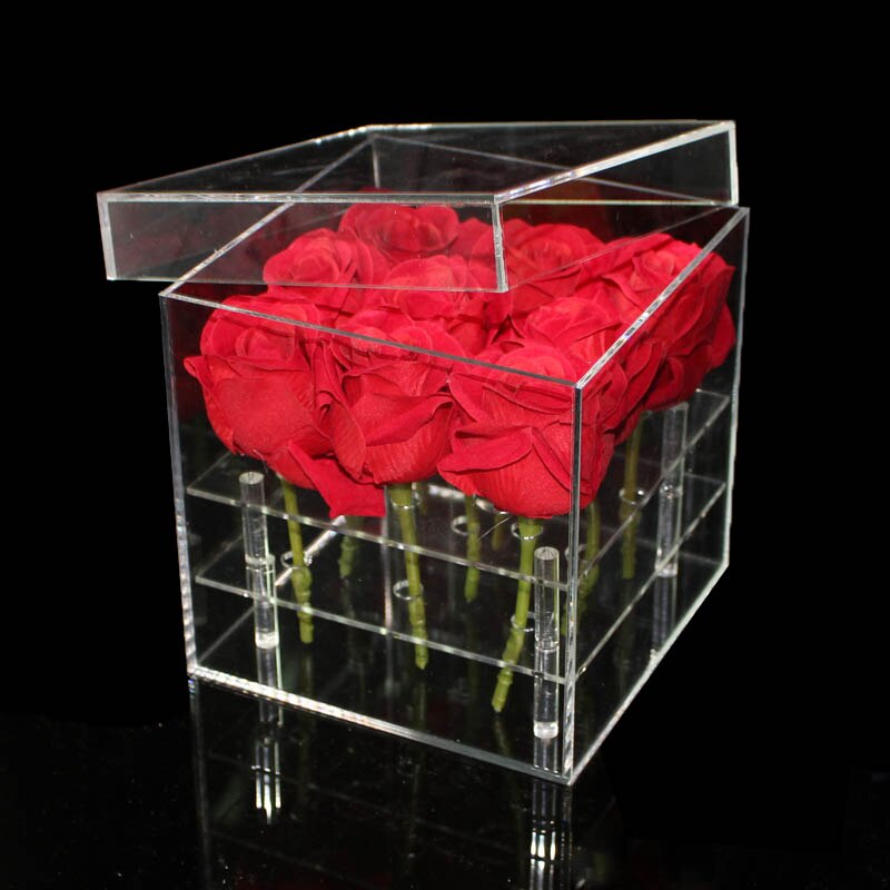 Gennemsigtig akryl makeup arrangør boks kosmetisk sag rose blomsterkasse med låg boligindretning blomst arrangør boks