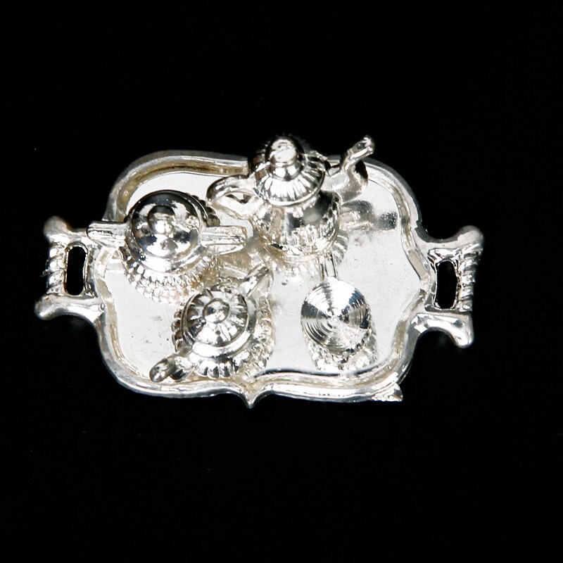 Dolls house Miniature Vintage Silver Tea Coffee Cups Tray Set Tableware 1/12