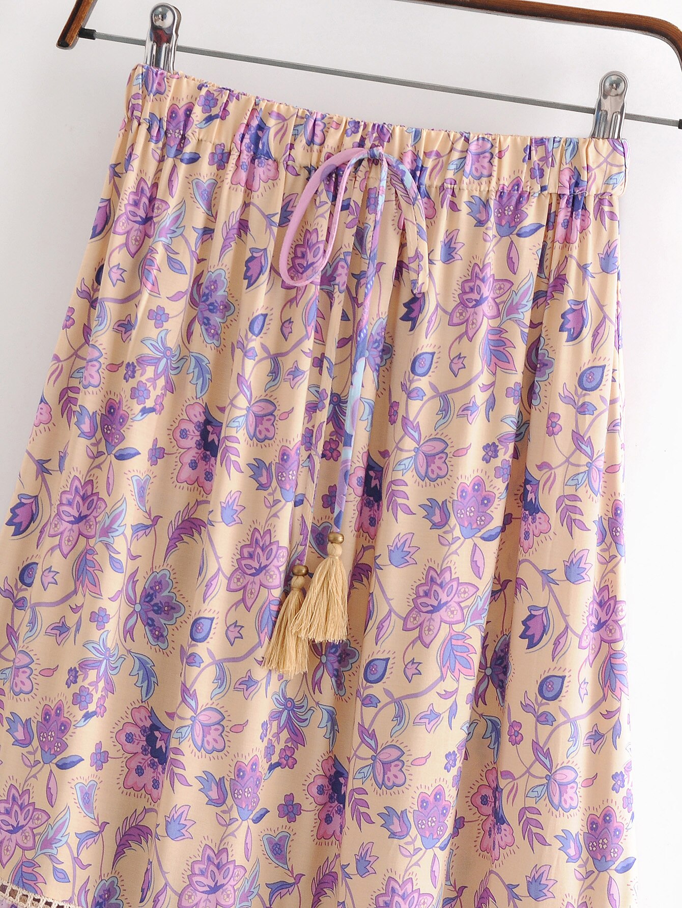 Vintage chic hippie kvinder strand boheme lilla nederdel med blomsterprint høj elastisk talje a-line boho maxi nederdel femme