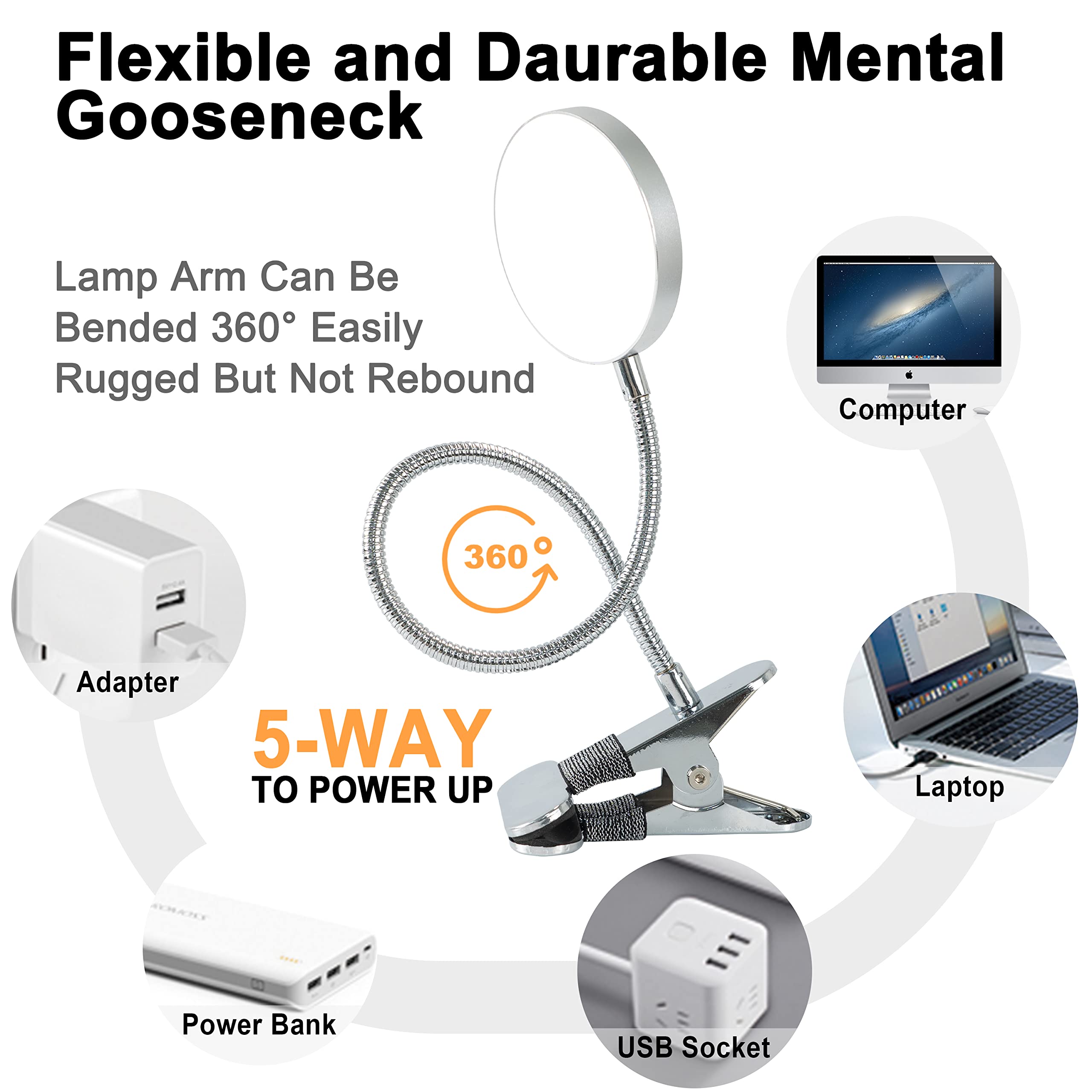 4,7-inch massieve kern cirkelvormig boeklicht USB oplaadbare leeslamp Warm koel wit daglicht Draagbaar flexibel