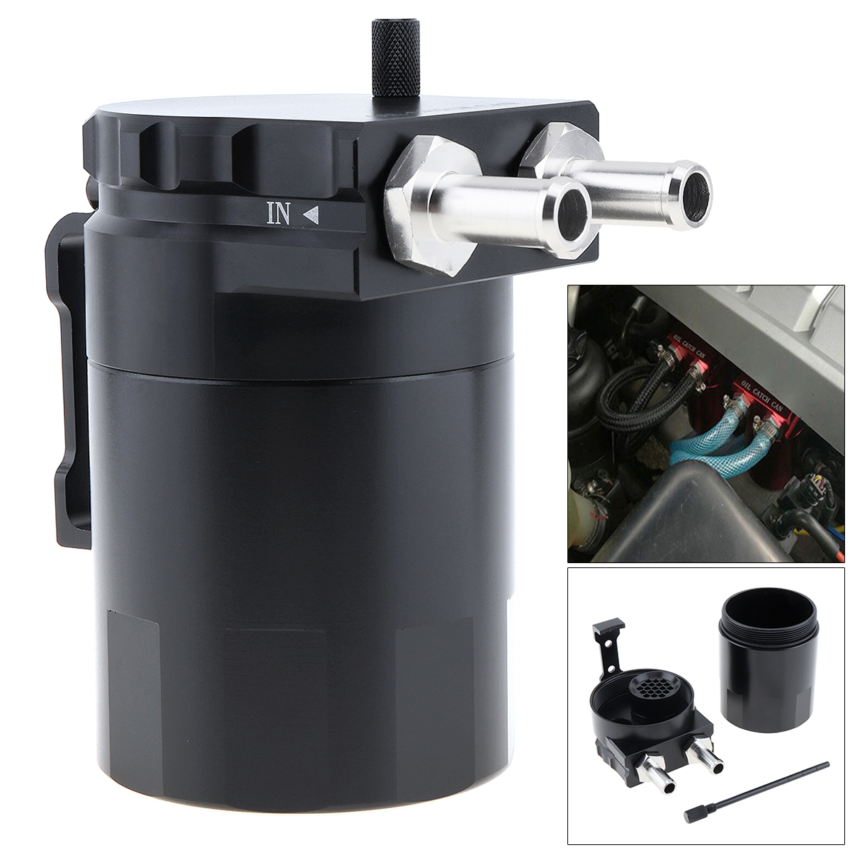 Universal Black Aluminum Baffled Oil Catch Can Oil Filter Tank Round Reservoir Breather with Fittings and Oil Dipstick