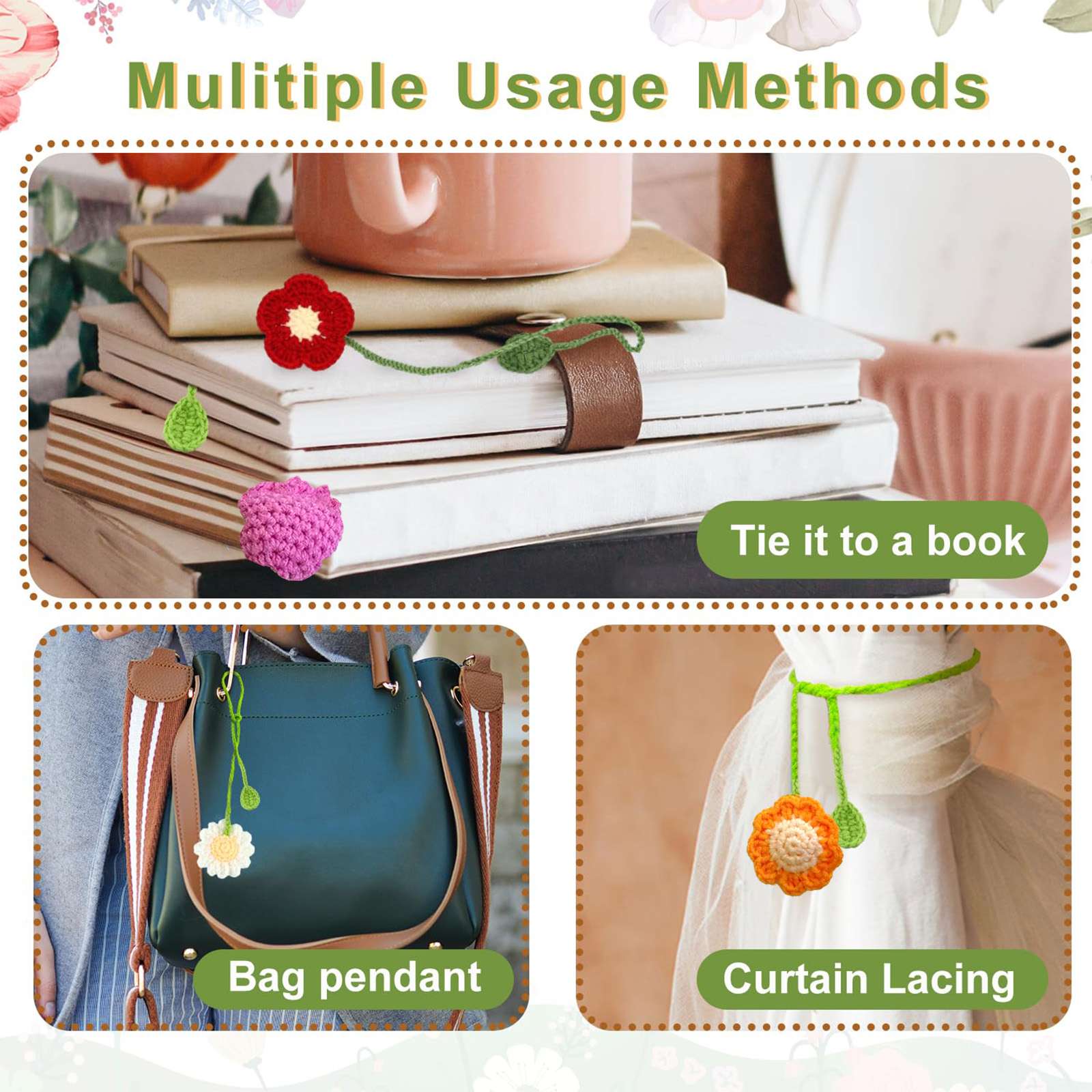 Marcapáginas hecho a mano, 4 estilos, flores de ganchillo, hecho a mano para amantes de los libros, profesores, correas de hebilla de cortina, 1 unidad