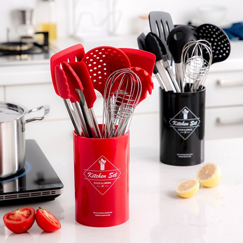 Stainless Steel+Silicone Cooking Utensil Kitchen Tools Turner Soup Spoon Strainer Pasta Server Egg Beater Spatula Food Tongs Red