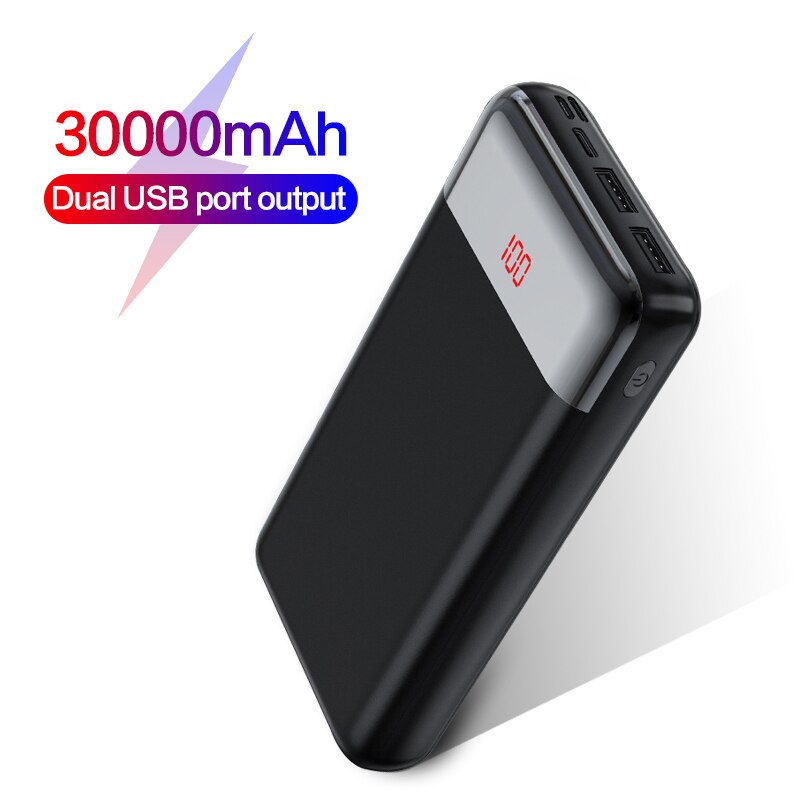 30000 mah power bank 3 input hurtig oplader 30000 mah powerbank til iphone bærbar ekstern batterioplader til xiaomi mi: Sort
