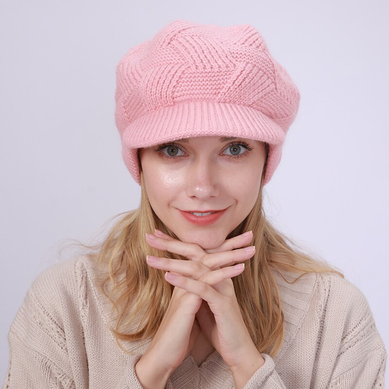 Gorro de punto para mujer, boina de lana de conejo cálida de terciopelo, informal, de , Color sólido, 10 colores, Otoño e Invierno