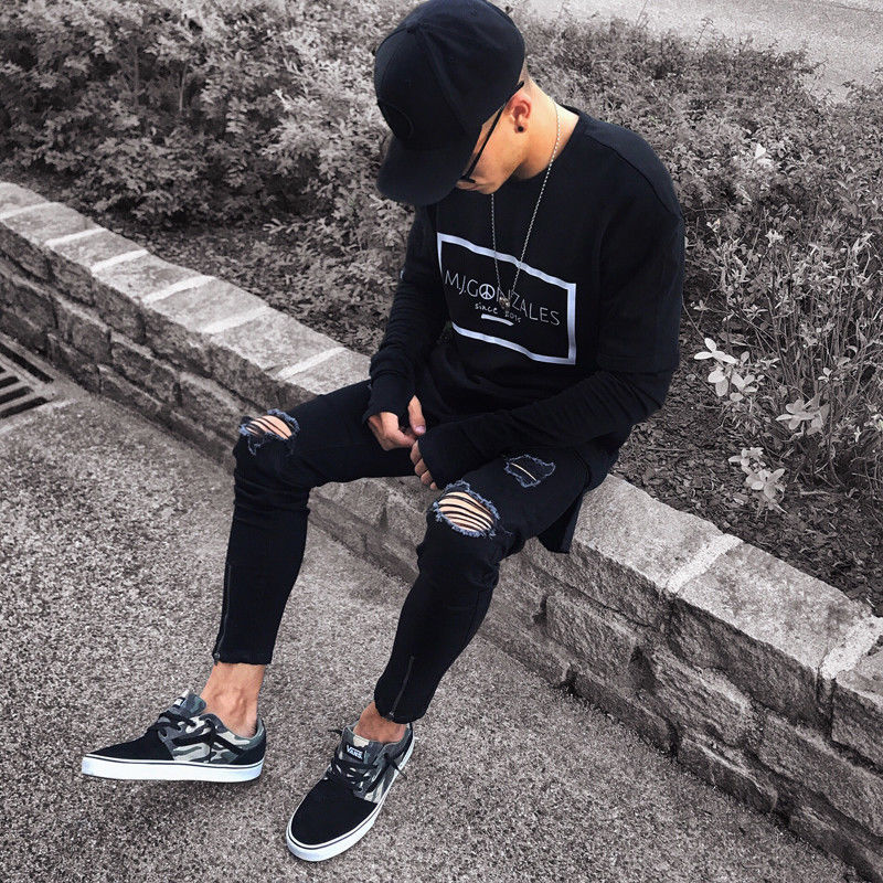 Herre seje sorte rippede skinny jeans ødelagt flossede slim fit denim bukser lynlås hop hop bukser huller til mænd