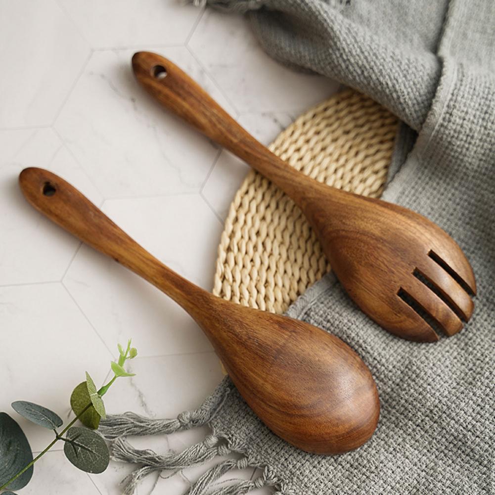 Tenedor Retro de madera reutilizable para ensalada, Sushi, cuchara para Pasta, utensilio de cocina