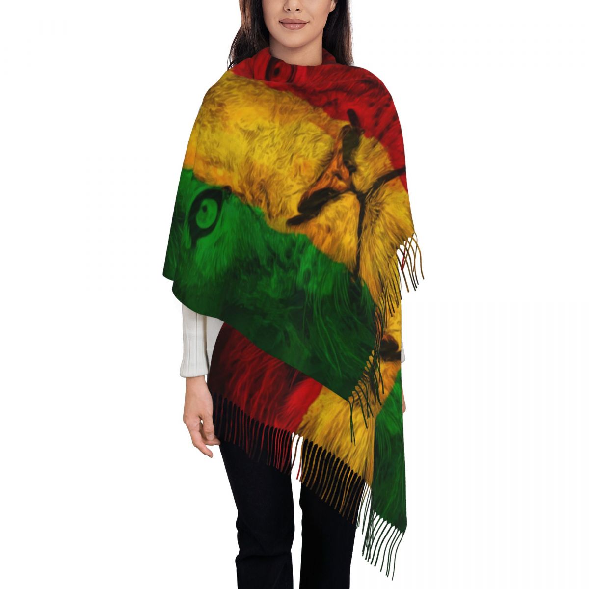 Bufandas personalizadas con bandera de Jamaica y León Rasta grande para mujer, chal suave y cálido con borlas para invierno y otoño, bufanda Reggae jamaicana: Multicolor