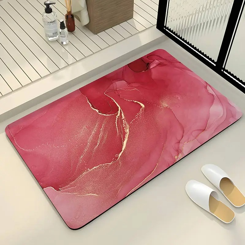Alfombra de baño con textura de mármol, alfombra de baño antideslizante de lujo para ducha, alfombrillas para pies súper absorbentes, felpudo de baño para el hogar de secado rápido: Rojo / 400 mm x 600 mm
