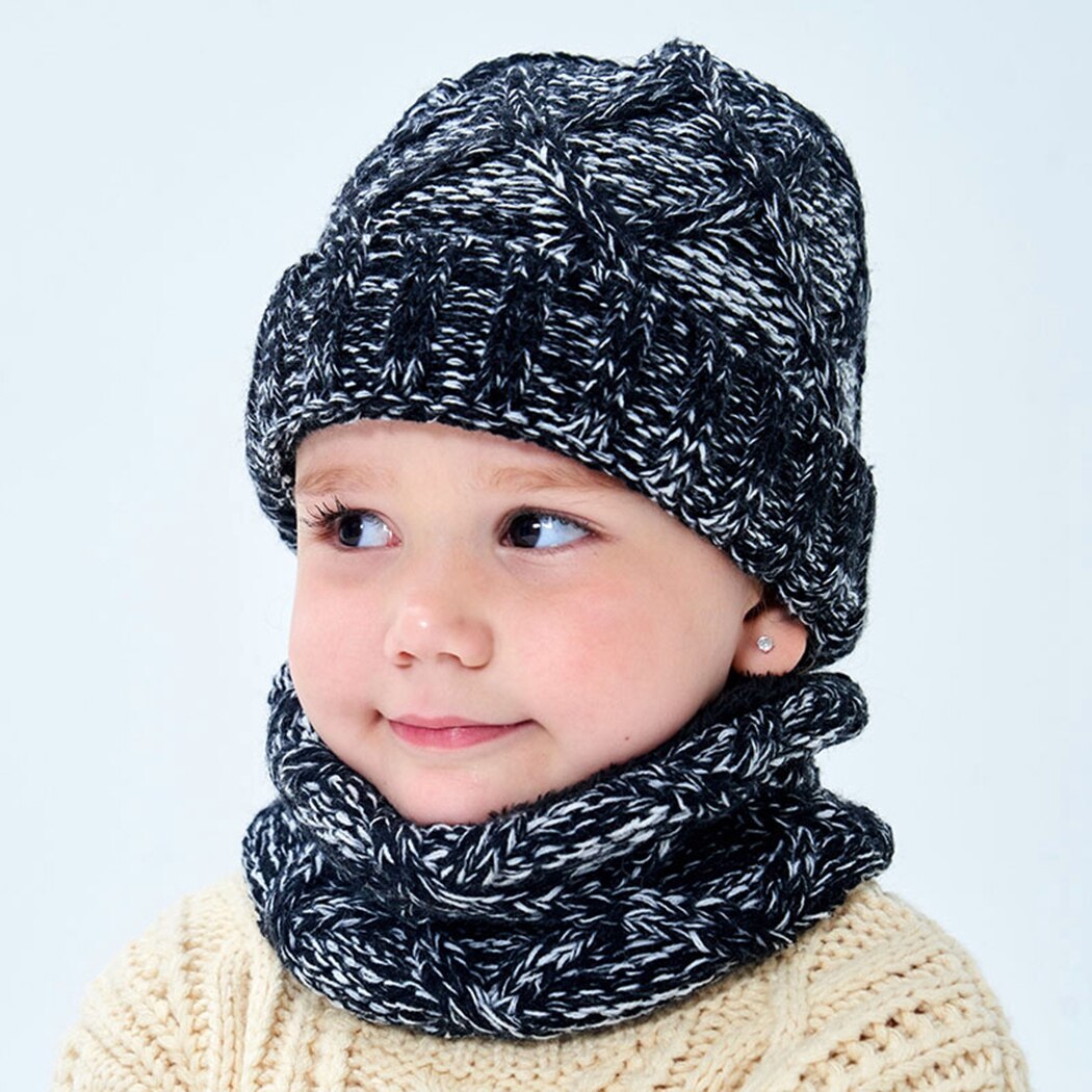 Warm Fleece Knitted Beanie Caps Snood Set Winter Outdoor Baby Kids Hat Scarf Children Hats Skullies Boys Girls Ski Caps Bonnet
