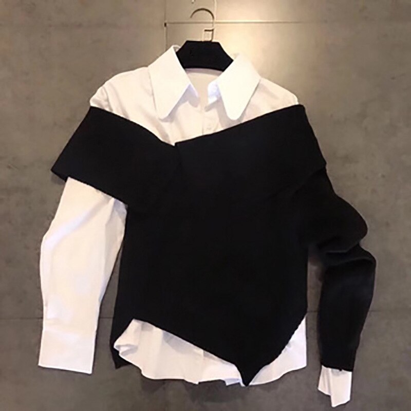 SuperAen Autumn Solid Irregular Shirt + Sweater 2-piece Set Women